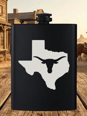 Personalized Country State Shape Texas Longhorn Style Black Flask | Texas | Gift